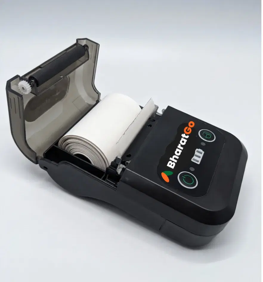 BharatGo Bluetooth thermal printer printing a bill