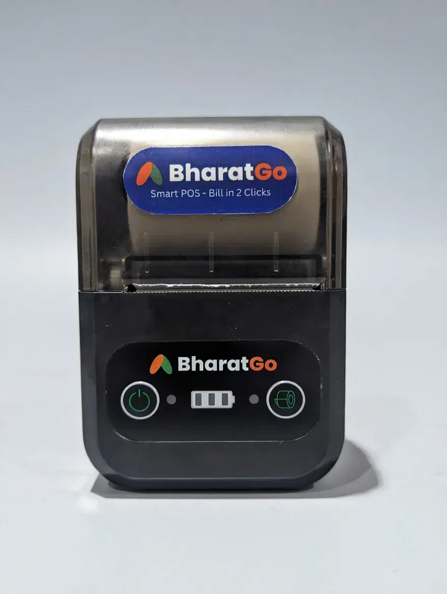 BharatGo Bluetooth thermal printer with a printed receipt